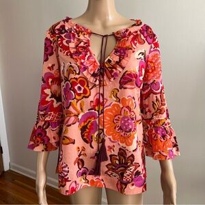 Tory Burch Gwenna Tunic Pink Grapefruit Floral Ruffle Tassel Size 4